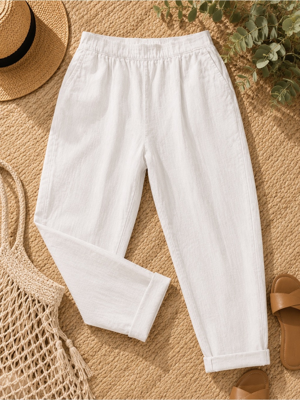 ROSSO35 White Linen Blend Pull-On Pants Made in Italy Size 44 (US Size 8)